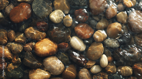 shallow. Smooth water-worn pebbles on a shallow stream bed with clear water flowing over them. travel magazines, destination branding, designed for travel destination branding.