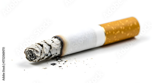 Smoldering Cigarette Butt with Ash on Clean White Background