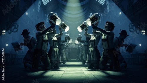 Mysterious Ritual - Synchronized Figures in a Dark, Industrial Setting.