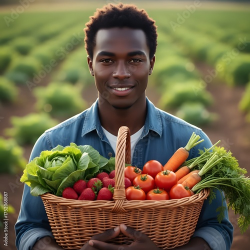 Young farmer presenting a vibrant basket of freshly picked fruits and vegetables, capturing the essence of organic farming, healthy lifestyle and farm life.
