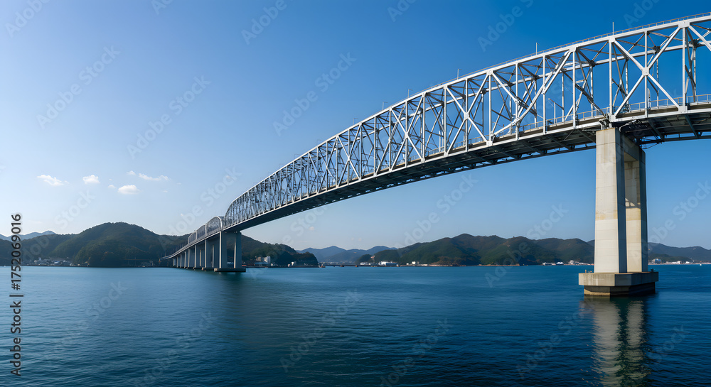 Fototapeta premium Steel Arch Bridge Crossing Calm Blue Water Under Clear Sky
