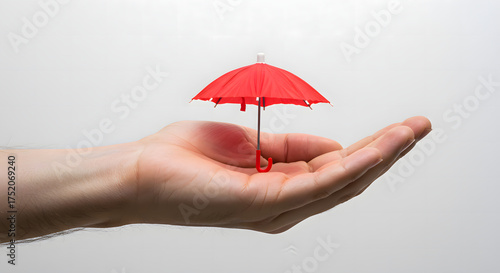 Tiny Red Umbrella Resting on Human Hand Against Plain White Backdrop
