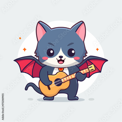 Bat cat playing guitar with transparent background