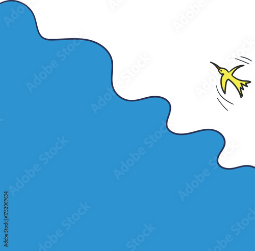 An angular sea and a flying yellow bird.
