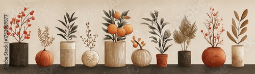 A beautiful display of potted plants featuring diverse foliage and decorative vases in earthy tones.