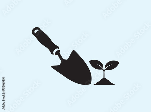Planting Symbol Silhouette of Trowel and Seedling Isolated on White Background for Eco Awareness
