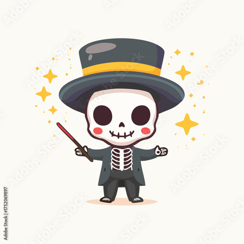 Skeleton magician performing magic with transparent background