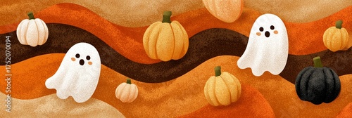 A whimsical illustration featuring cheerful ghosts among various pumpkins in warm autumn hues.