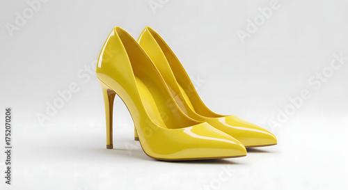 Yellow High Heels Shiny Modern Fashion Footwear on White Background