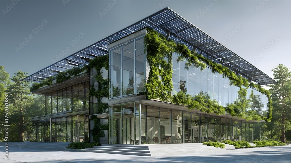 Fototapeta premium modern sustainable office building surrounded by trees and solar panels high quality realistic render