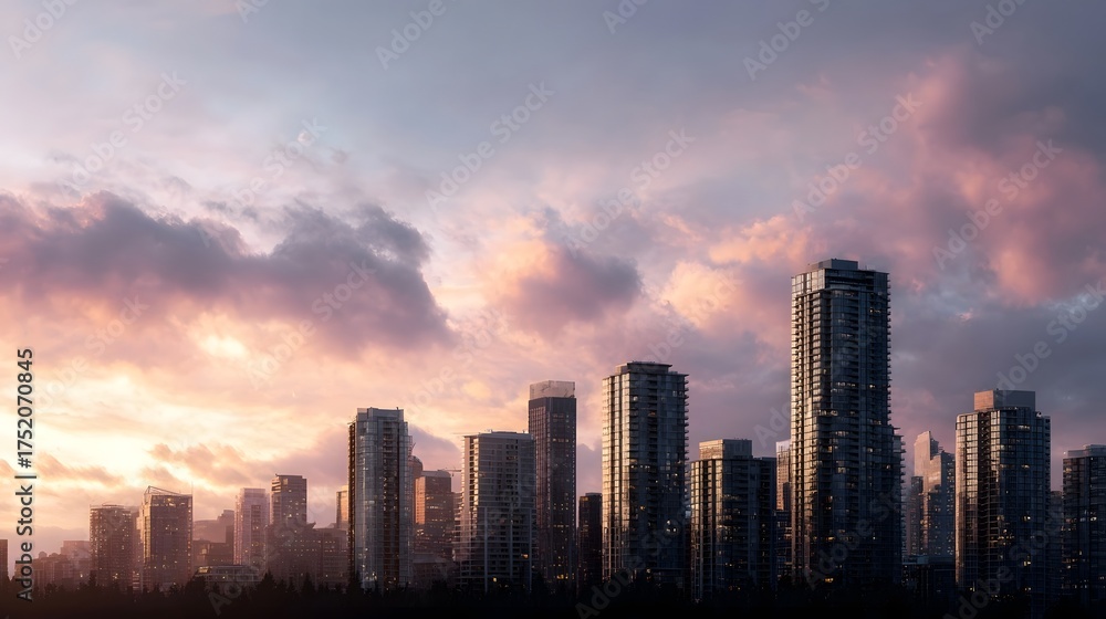 Fototapeta premium Modern urban skyline with numerous high rise buildings at sunset with vibrant clouds