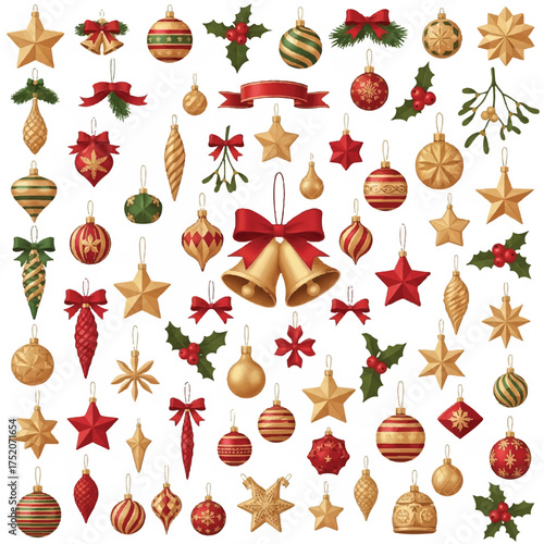 A colorful assortment of Christmas ornaments, including stars, bells, and balls in red, gold, and green hues, arranged on a white background with a festive paper cut design for Thanksgiving