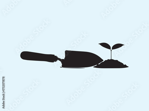 Minimalist Hand Trowel and Seedling Silhouette Isolated on White Background for Eco Concepts

