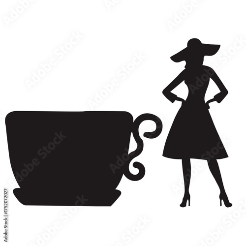Woman and teacup silhouette vector illustration, elegant lady in hat standing near coffee cup. Fashion and lifestyle design element. Black silhouette isolated on white background