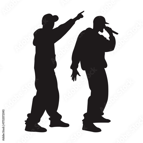Hip hop dancer and rapper silhouette vector illustration. Music performance art, urban street style, rap singer and dancer figures isolated on white background