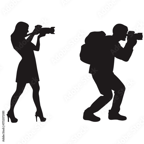 Photographer silhouette vector illustration. Man and woman taking pictures with camera, professional photography concept and photo shoot design element isolated on white background