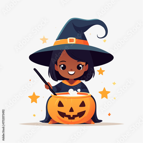 Little witch stirring potion with transparent background