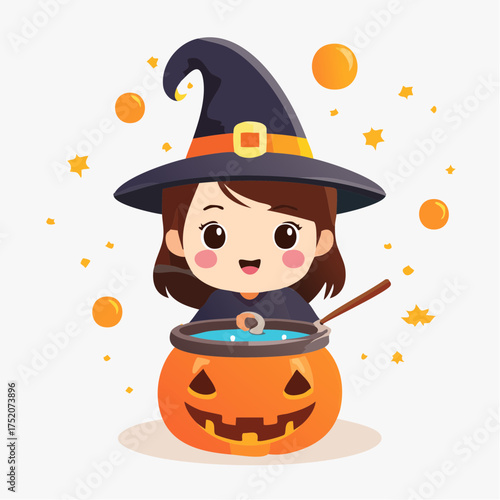 Little witch stirring potion with transparent background