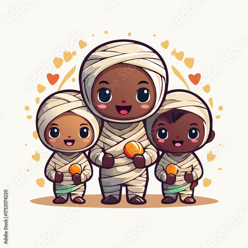 Three mummy kids holding candy with transparent background