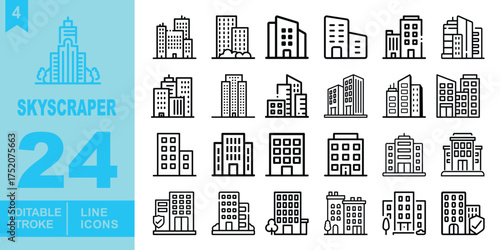 Skyscraper line Editable Icons set. Vector illustrations in a modern, thin line style of real estate related icons: apartment, commercial building, building with a tree, and more.