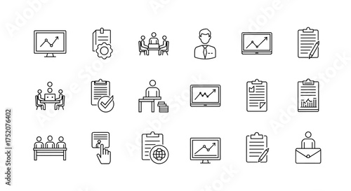 Business management and office work line icon set. Corporate meeting, data analysis, project management, human resources, report, presentation, workflow vector icons.