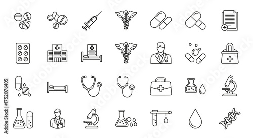 Medical and healthcare line icon set. Medicine, pharmacy, science. Hospital, doctor, pills, capsule, syringe, stethoscope, microscope, DNA. Laboratory research symbols.