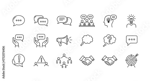 Communication line icon set. Teamwork, collaboration and business concept. Includes chat, dialogue, message, idea, brainstorming, meeting, negotiation, agreement, handshake, goal.