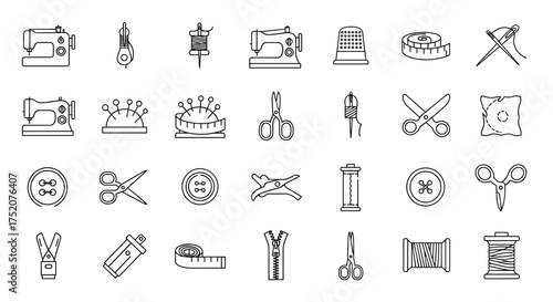 Sewing and tailoring line icon set. Needlework, dressmaking, handmade craft tools. Vector collection with machine, scissors, thread, needle, button, tape measure, zipper.