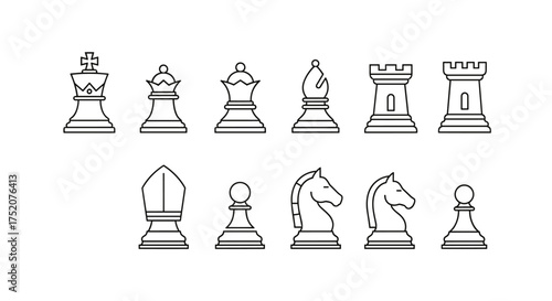 Chess pieces vector icons set in outline style. King, queen, bishop, knight, rook, pawn. Strategy game elements. Board game symbols. Intellectual game icons. Competition.