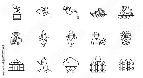 Farming and agriculture line icon set. Vector symbols for farm life, planting, and harvest. Collection includes tractor, farmer, corn, sunflower, greenhouse, and growth concepts.