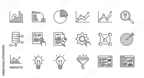 Data analysis line icons set. Business intelligence and statistics symbols. Collection for marketing report, analytics, research, strategy, and performance measurement.