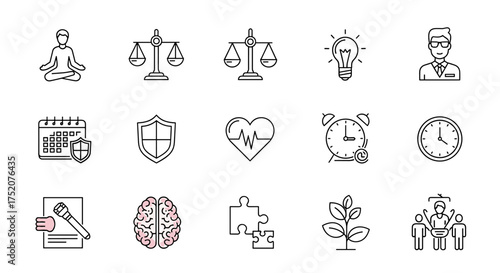 Work-life balance concept icons. Mental health, meditation, justice scales. Business idea, team leadership, security shield, time management, brain puzzle, career growth plant.