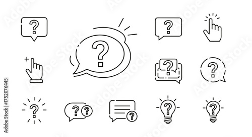 Question mark line icon set. Icons for FAQ, help, support, and queries. Vector symbols for problem solving, information, ideas, and communication. Clean, editable design.