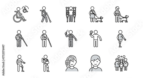 Diverse people with disabilities icon set. Accessibility pictograms. Wheelchair, blind cane, guide dog, amputee prosthetic limb, walker, crutches, deaf, inclusion concept.