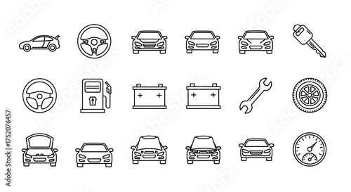 Car service and auto repair line icon set. Vehicle maintenance, transport and garage symbols. Automotive parts like steering wheel, battery, tire, key and fuel pump vector.