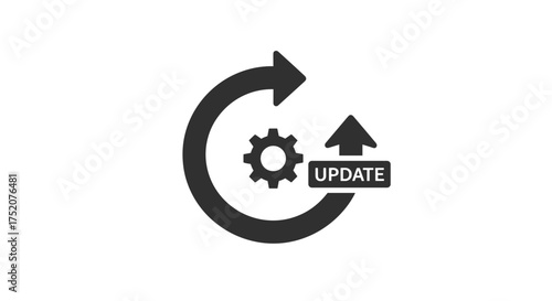 System update icon, software upgrade process. Vector symbol for data synchronization, app installation, and maintenance. Refresh arrow with gear, loading progress concept.