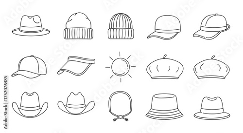 Hats and caps line icon set. Headwear collection in outline vector style. Includes fedora, beanie, baseball cap, cowboy hat, bucket hat, beret, visor. Fashion accessory icons.