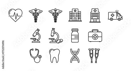 Medical and healthcare line icon set. Medicine, hospital, emergency, and science symbols. Heartbeat, caduceus, ambulance, microscope, pills, DNA, and dental icons.
