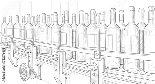 Bottles of wine on conveyor belt in alcoholic beverage factory engraving sketch hand drawn style black and white vintage illustration vector