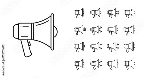Megaphone loudspeaker line icon set. Bullhorn for announcement, marketing, and communication. Vector symbols for alert, protest, and broadcast. Sound and voice concept.