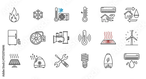 Heating and cooling line icon set. HVAC, ventilation, air conditioning symbols. Climate control, temperature, smart home appliance, renewable energy, and repair vector icons.