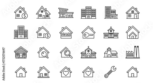 Real estate line icon set. Thin line vector icons. Property, building, home, house pictogram collection. Includes apartment, office, church, factory, for sale, key, and search.