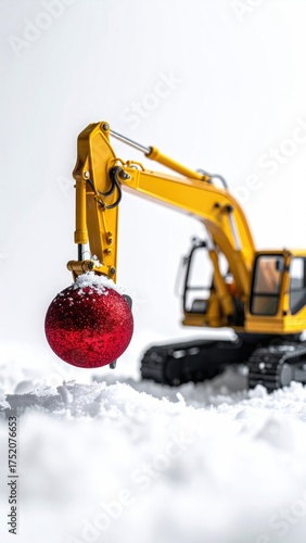 Toy excavator lifting a large red Christmas ornament in a snowy scene.