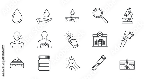 Dermatology and skincare line icon set. Medical concepts for skin health, disease treatment, and analysis. Vector pictograms for clinic, hydration, UV protection, and biopsy.