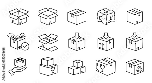 Box and package line icon set for delivery and shipping. Vector symbols for logistics, cargo, and moving. Includes fragile, recycle, open, closed, and stacked parcel icons.