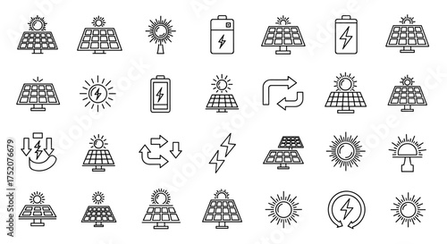 Solar energy icons set. Solar panels, sun power, renewable energy, green technology, clean environment, energy storage, battery charge, energy transfer, eco power symbols.