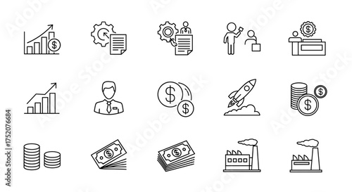 Business finance line icon set. Thin outline icons for financial growth, investment, startup launch, industrial production, money management, profit, and capital concepts.