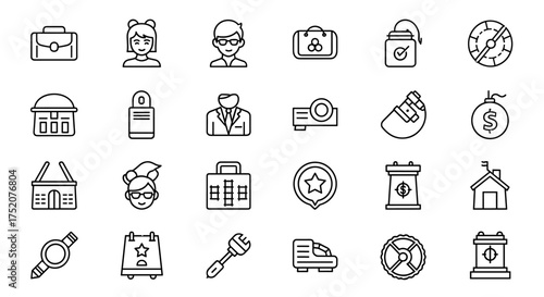 Business finance thin line icon set. Office management pictograms. Marketing strategy symbols. Financial risk, shopping concepts. Briefcase, avatar, podium, bomb, projector.