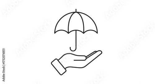 Hand holding umbrella icon. Concept of insurance, protection, safety, and security. Metaphor for risk management, coverage, support, and care. Financial safety net symbol.