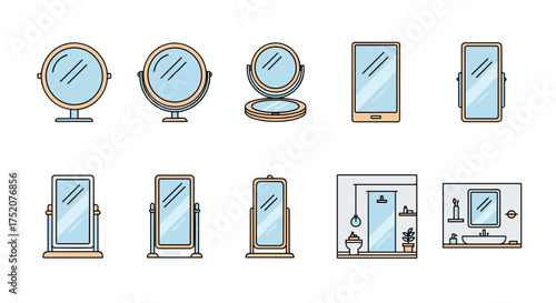 Mirror icon set vector line art collection. Various types of mirrors including table, pocket, floor, and hand mirror. Bathroom interior furniture and accessories pack.